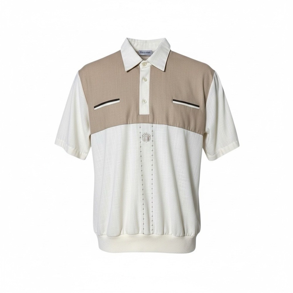 Alan Stuart Knit Polo Shirt Mens M USA Made Tan Retro Bowling Rockabilly VTG
